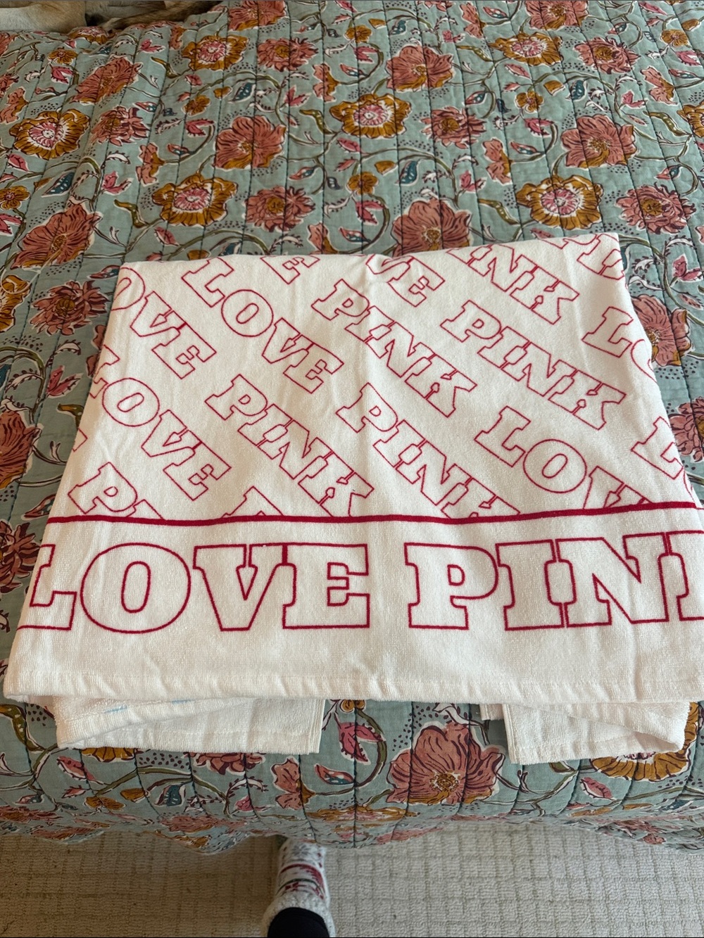 LOVE PINK Logo Beach Towel in White and Red